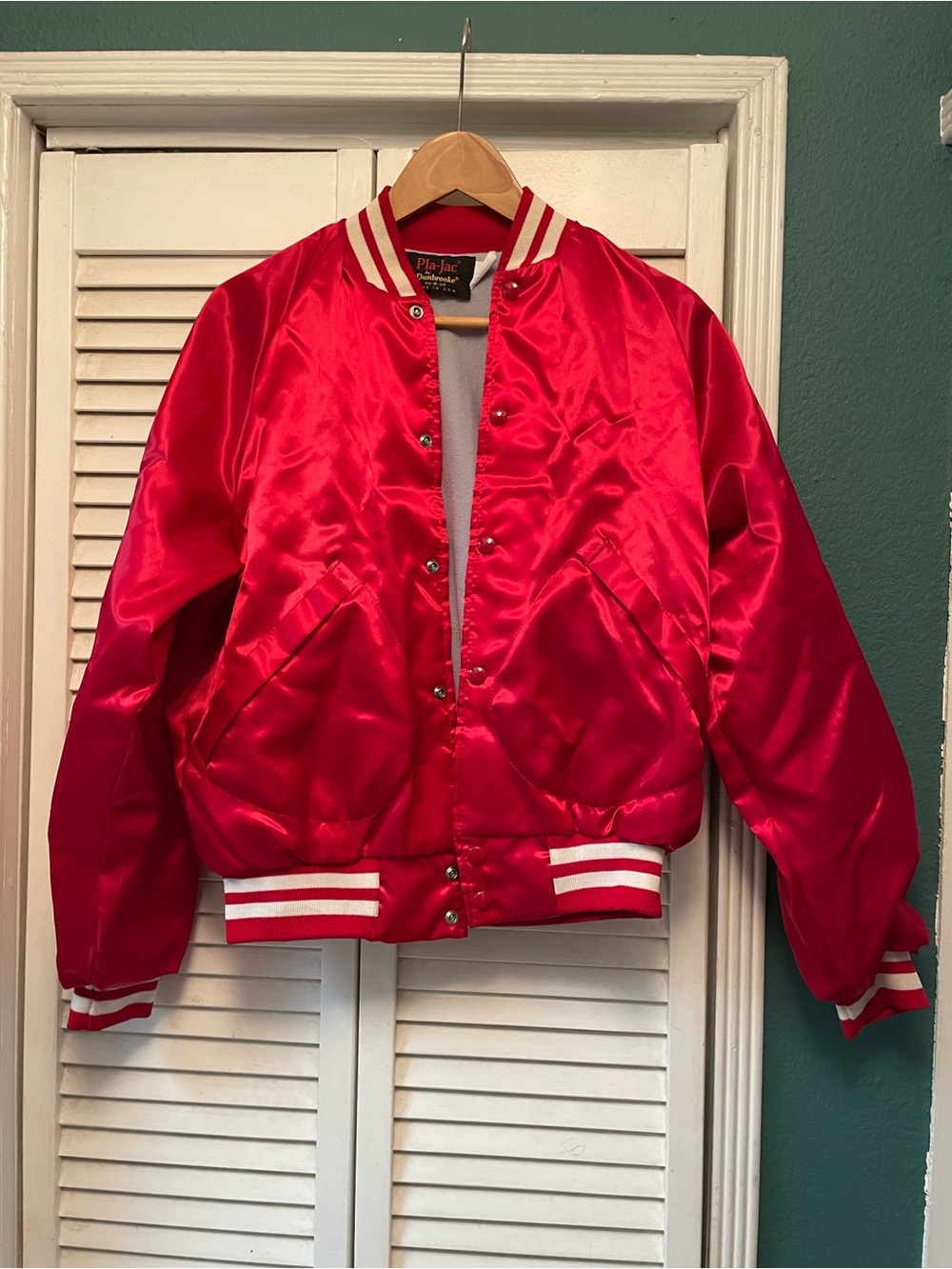 Dunbrooke Red Satin Harrah’s Bomber Jacket with White Stripe Trim